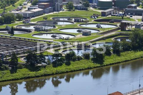 Aerial view of storage tanks in sewage water treatment plant Stock Photos
