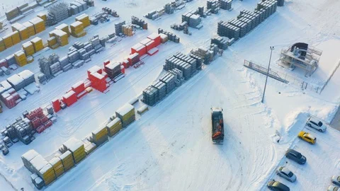 Aerial view of storage yard of building and structural  materials Stock Footage 100928371