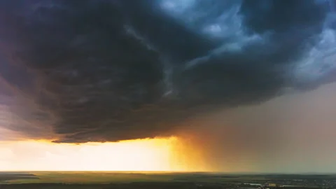 Aerial View Storm Cloudy Rainy Sky. Dramatic Sky With Dark Clouds In Rainy Day Stock Footage 153059064