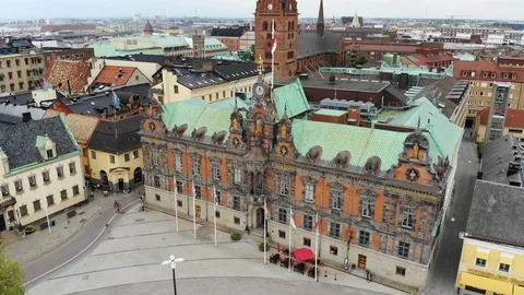 Aerial view of Stortorget Square - Malmo, Scania, landscape of Sweden from above Video stock 90391330