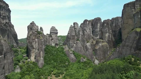 Aerial View Straight Up in Meteora, Greece. Famous Rock Formations, Mountai.. Stock Footage 334893989