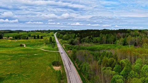 Aerial view of straight road dividing green fields and forest Видео 336265553