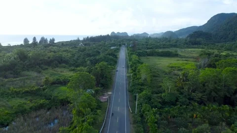 Aerial View of Straight Road Through Tropical Forest and Hills Stock Footage 340899491