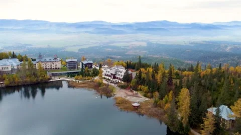 Aerial View of Štrbské Pleso (Lake), Slovakia Stock Footage 284092425