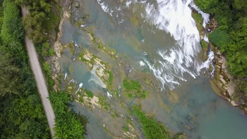 Aerial View of Stream and Waterfall of Huangguoshu Waterfall in Guizhou China Stock Footage 336889790
