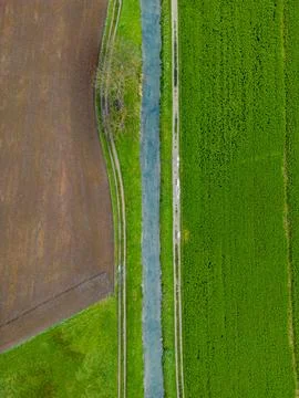 Aerial view of stream running between fields Foto stock
