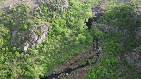 Aerial view of a stream running through a canyon in the mountains. Stock Footage 149011070