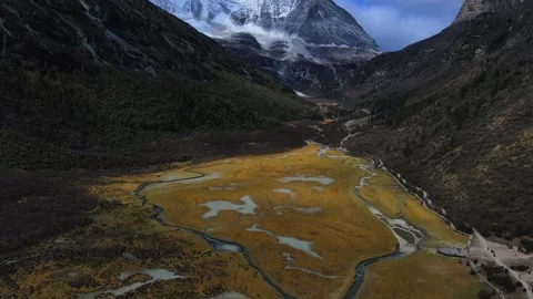 Aerial view of stream winding through golden autumn wetland in closed Vídeos de archivo 336698678