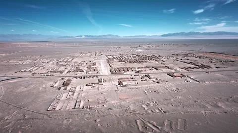 Aerial view of the streets of Ghost Town, Aksai Oil Town, Jiuquan, Gansu, China. Stock Footage 325081552
