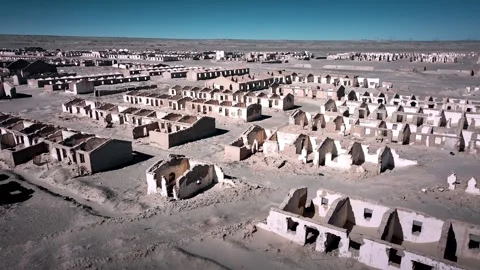 Aerial view of the streets of Ghost Town, Aksai Oil Town, Jiuquan, Gansu, China. Stock Footage 325082088