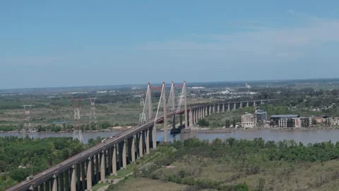 Aerial view of structure of cable-stayed bridge over Paraná River. Entre Stock Footage 288423051