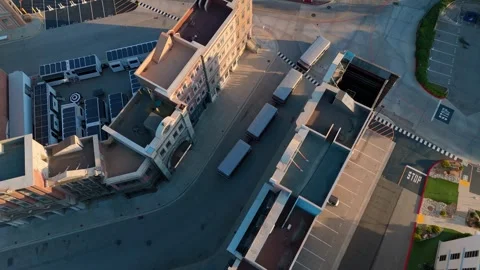 Aerial view of studio backlot and trams at Universal Studios Hollywood, June 22 Stock Footage 314303073