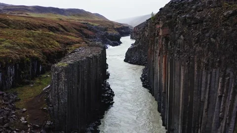 Aerial view of Stuðlagil canyon basaltic columns in east Iceland. Stock Footage 154465714