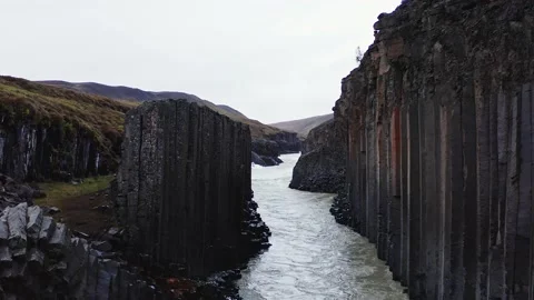 Aerial view of Stuðlagil canyon basaltic columns in east Iceland. Stock Footage 154465740