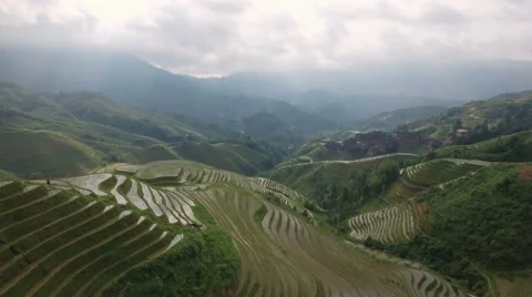 Aerial view of stunning Dragon's Backbone rice terraces in Southern China Stock Footage 67519294