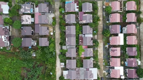 Aerial view of subsidized housing adjacent to oil palm plantations Stock Footage 264038659