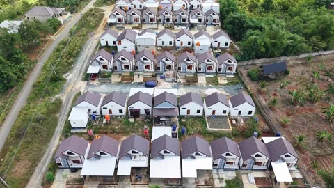 An aerial view of subsidized housing featuring a minimalist Scandinavian de.. Stock Footage 345382739