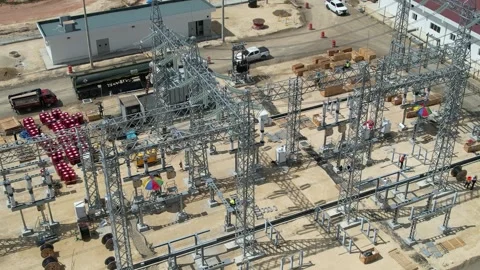 Aerial view of a substation construction site with equipment Stock Footage 278367798
