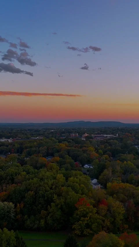 Aerial view of suburban rooftops surrounded by colorful autumn... 库存影片 347739079