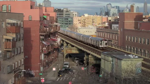 Aerial view of the subway in Brooklyn Stock Footage 296840264