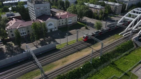 Aerial view of subway metro train and railway Video stock 155936902