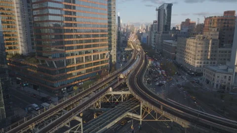 Aerial view of the subway in Queens Stock Footage 296769065