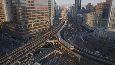 Aerial view of the subway in Queens Stock Footage 296769417