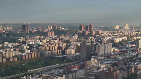 Aerial view of a subway train passing through The Bronx Stock-Footage 253642234