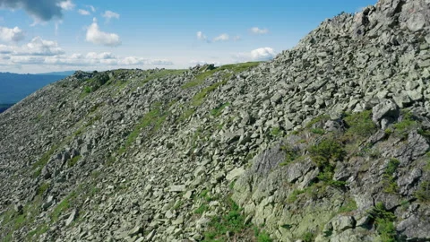 Aerial view of Suka mountain range in Ural, drone flies near stones and boulders Stock Footage 138003085