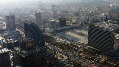 Aerial View of Sukhbaatar Square in Ulaanbaatar, Capital of Mongolia Sunset Stock Footage 325756960