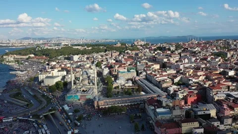 Aerial view of Suleymaniye Mosque complex and Bosphorus panorama in Istanbul Stock Footage 342348515
