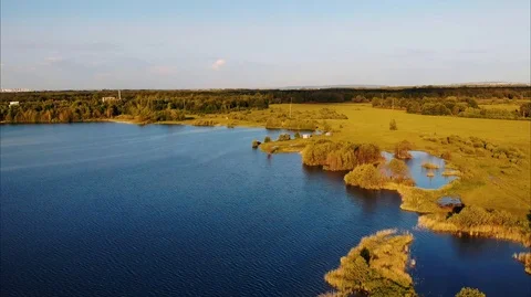 Aerial view of the summer lake, surrounded by green fields and trees. Stock Footage 106926825