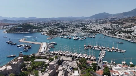 Aerial view of summer town Bodrum with the famous castle Stock Footage 336546003