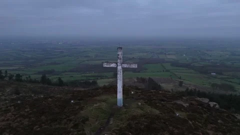 Aerial View of Summit Cross at Devil's Bit, County Tipperary, Ireland Stock Footage 332436573