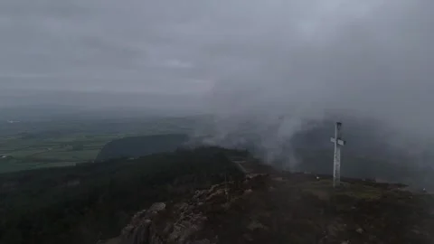 Aerial View of Summit Cross at Devil's Bit in Mist, County Tipperary, Ireland Stock Footage 332436828
