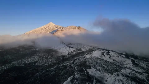 Aerial view of the summit  volcano Teide Tenerife, covered with snow and clouds. Stock Footage 146872202