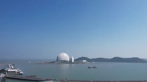 Aerial view of the Sun and Moon Shell opera house in Zhuhai China Stock-Footage 342281323