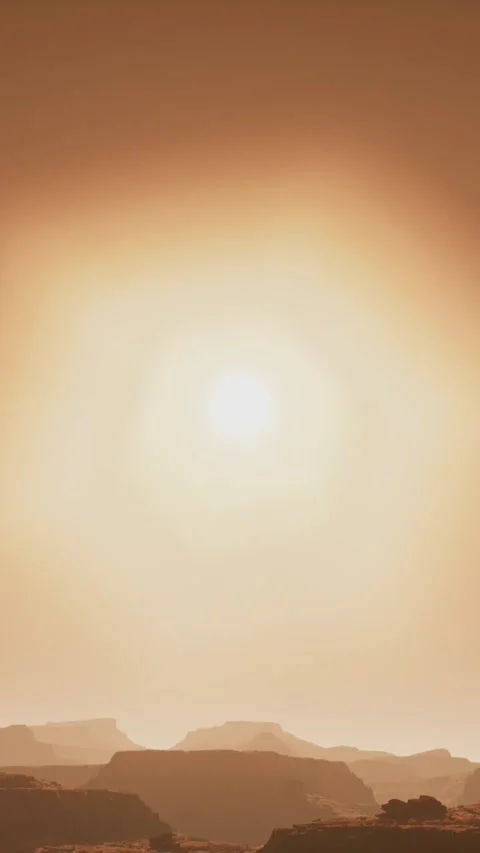 Aerial view with the sun in front of the red Martian desert surface on Mars Stock-Footage 282054890