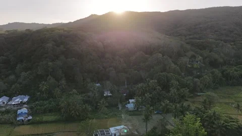 Aerial View of Sun Peeking Over Tropical Green Hills in Indonesia Vídeos de archivo 344565872