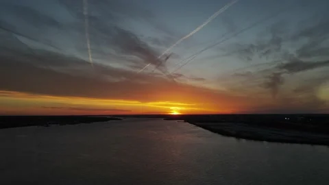 Aerial View of Sun Setting over Delaware River Philadelphia PA Stock Footage 154080628