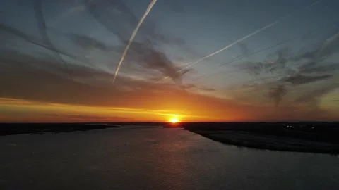 Aerial View of Sun Setting over Delaware River Philadelphia PA Stock Footage 154080664
