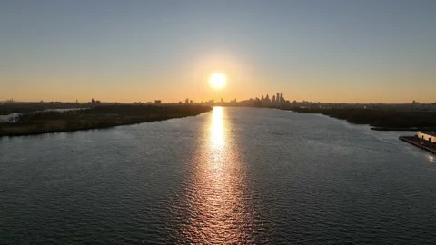 Aerial View of Sun Setting Over the City of Philadelphia Stock Footage 222685913