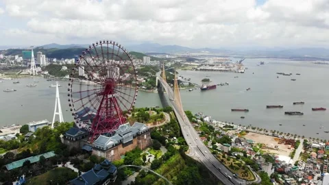 Aerial view of Sun World Halong park, with Sun Wheels and underwater games. Stock Footage 134926440