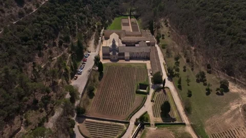 Aerial view of sunny Provence fields and Senanque monastery from above Stock Footage 313144880
