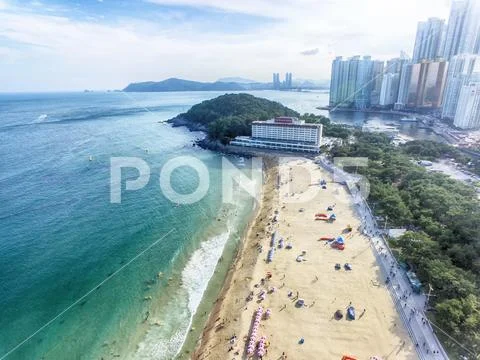 Aerial View of Sunny Summer Haeundae Beach, Busan, South Korea, Asia. Stock Photos
