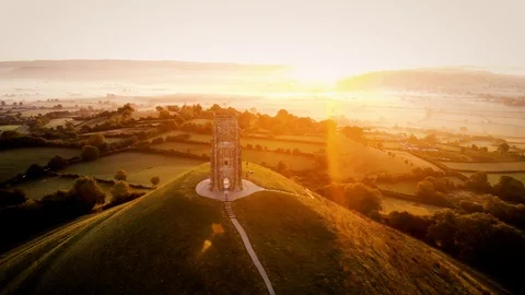 Aerial View of Sunrise at Glastonbury Tor Stock Footage