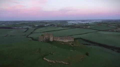 Aerial View at Sunrise, Irish Countryside, Louth, Dundalk, Ireland Stock Footage 306060053