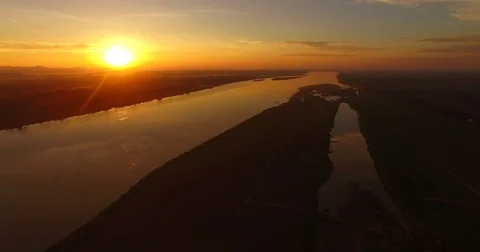 Aerial view of  The sunrise at Khong river,Nakhonphanom, THAILAND Stock Footage