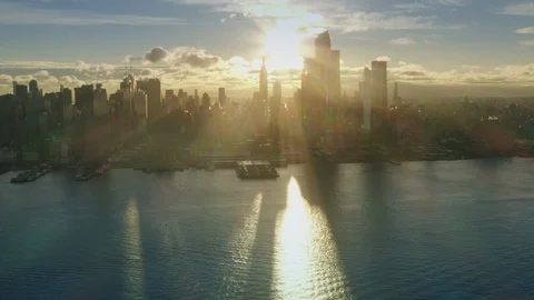 Aerial View Sunrise at New York City and sunflares 4k Midtown Sunrise series Stock Footage