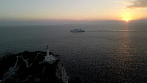 Aerial view of sunset above the sea cruise liner near lefkada island Stock Footage